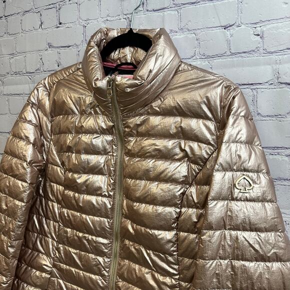 Kate Spade Rose Gold Puffer Coat Down Filled Packable Hood Women's Large - Picture 2 of 9
